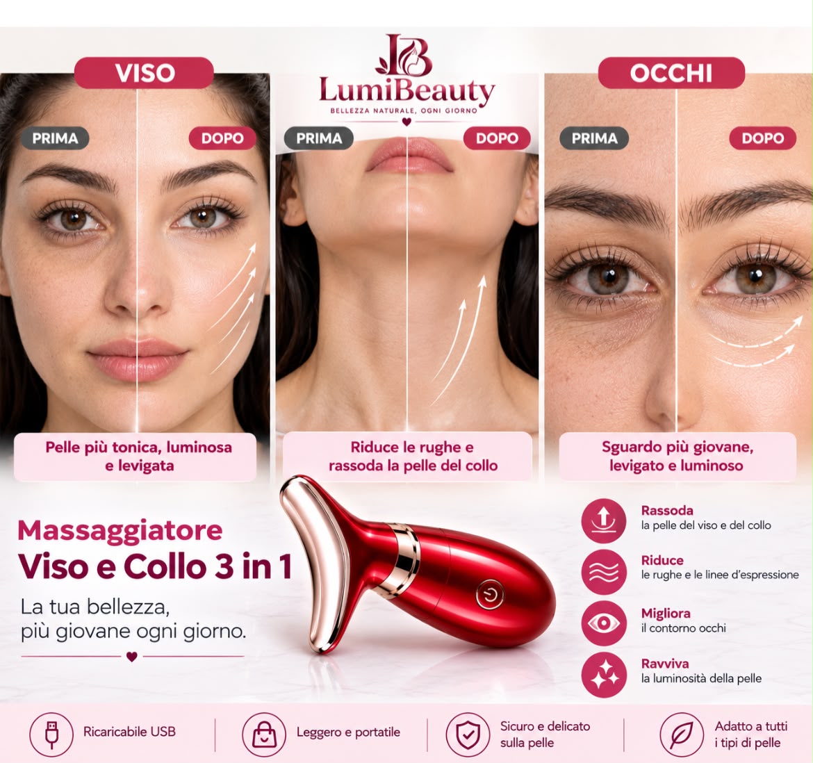 LumiBeauty Massaggiatore Viso e Collo 3 in
